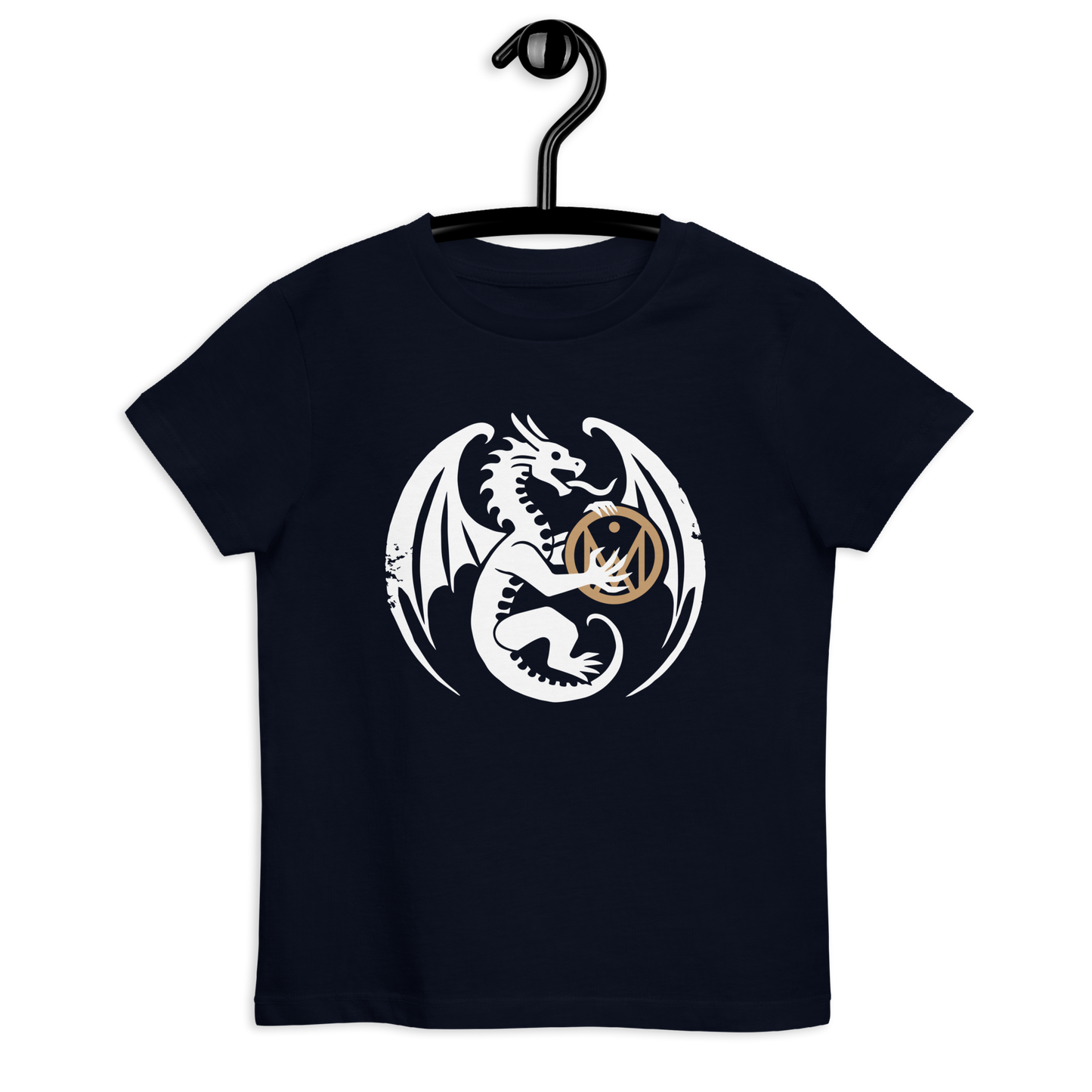 T-shirt enfant en coton bio couleur bleu foncé à plat de face, avec dragon tenant entre ses pattes le logo MythWeave