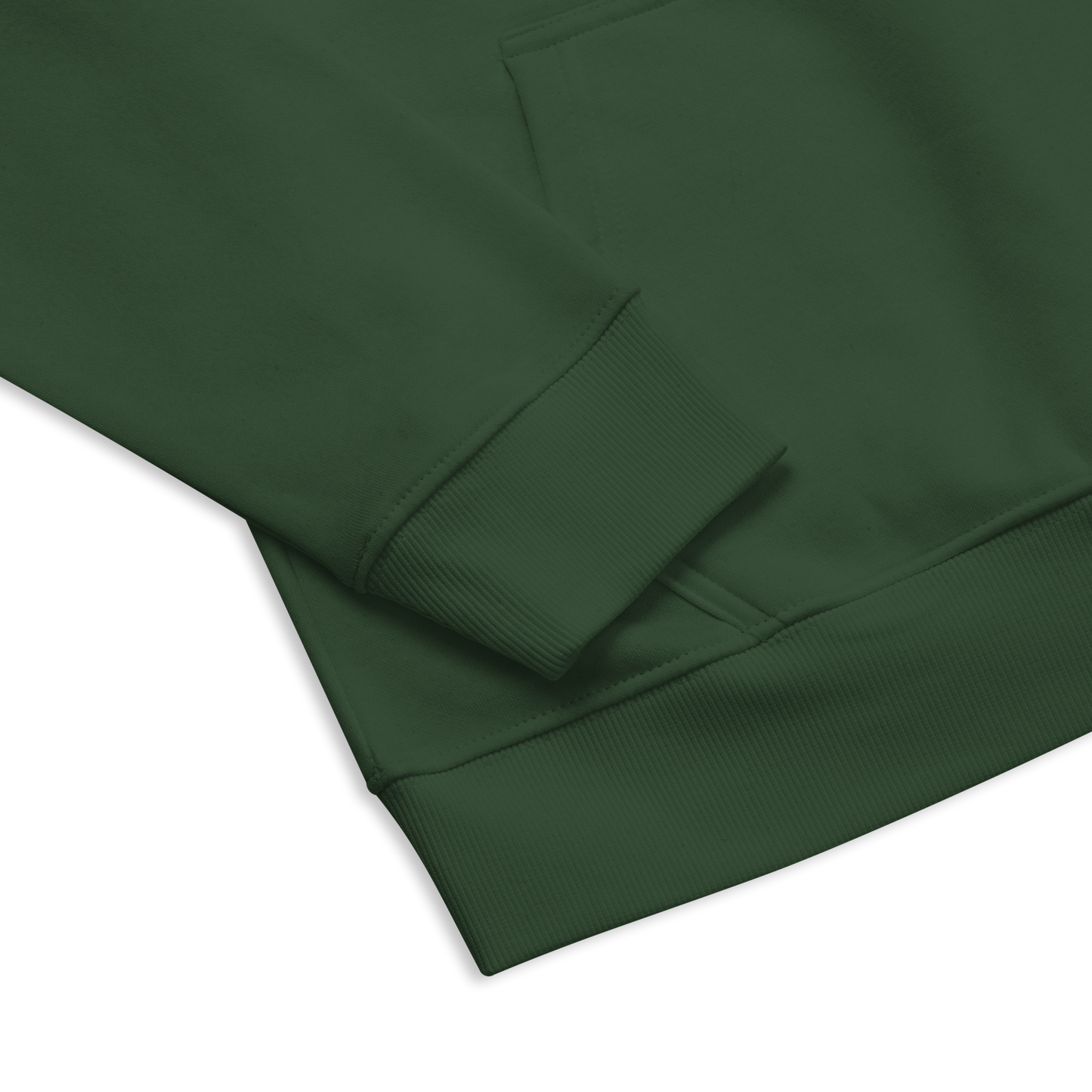 Zoom sur manche sweat homme en coton bio couleur vert avec logo MythWeave