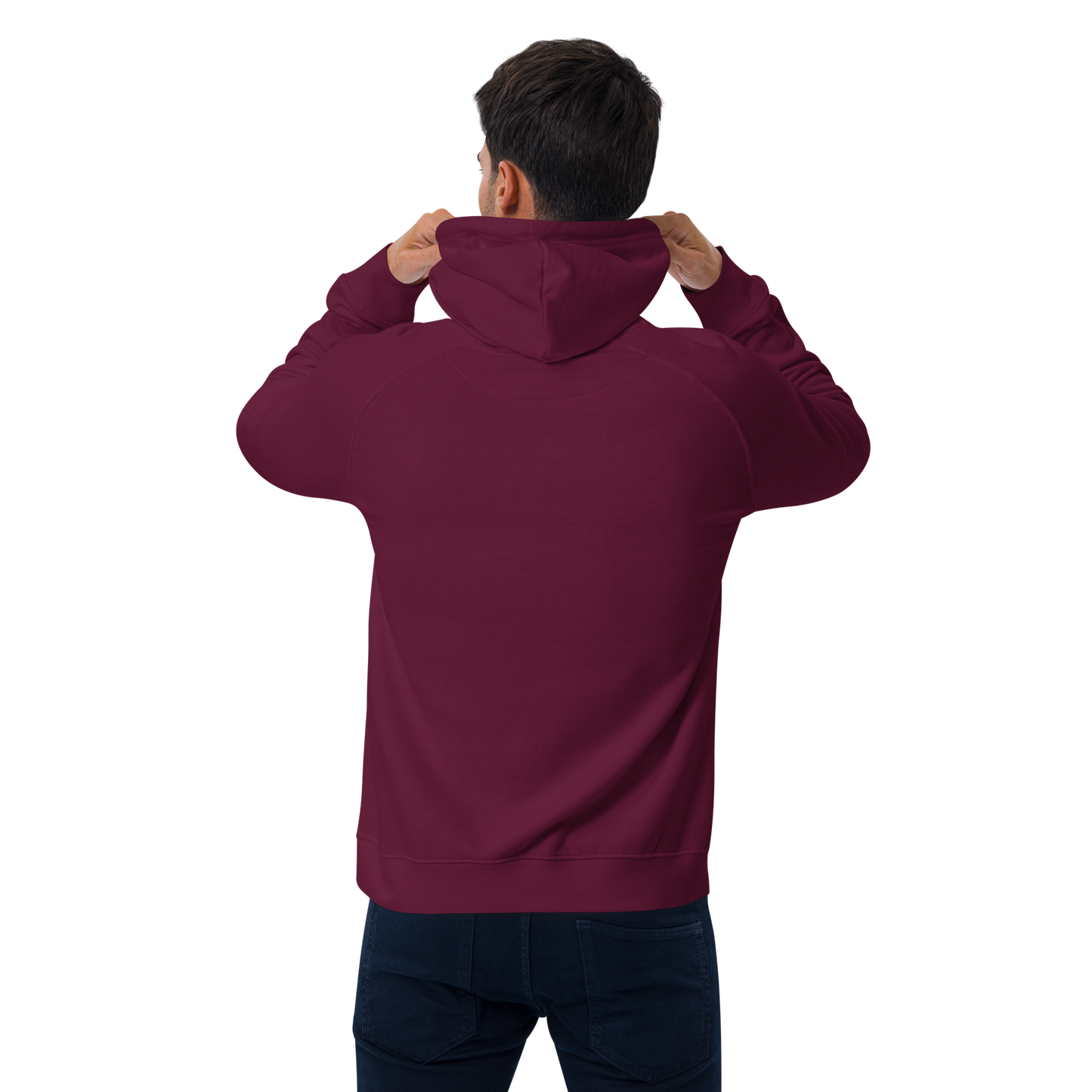 Sweat homme en coton bio couleur bordeaux avec logo brodé MythWeave porté par un mannequin de dos