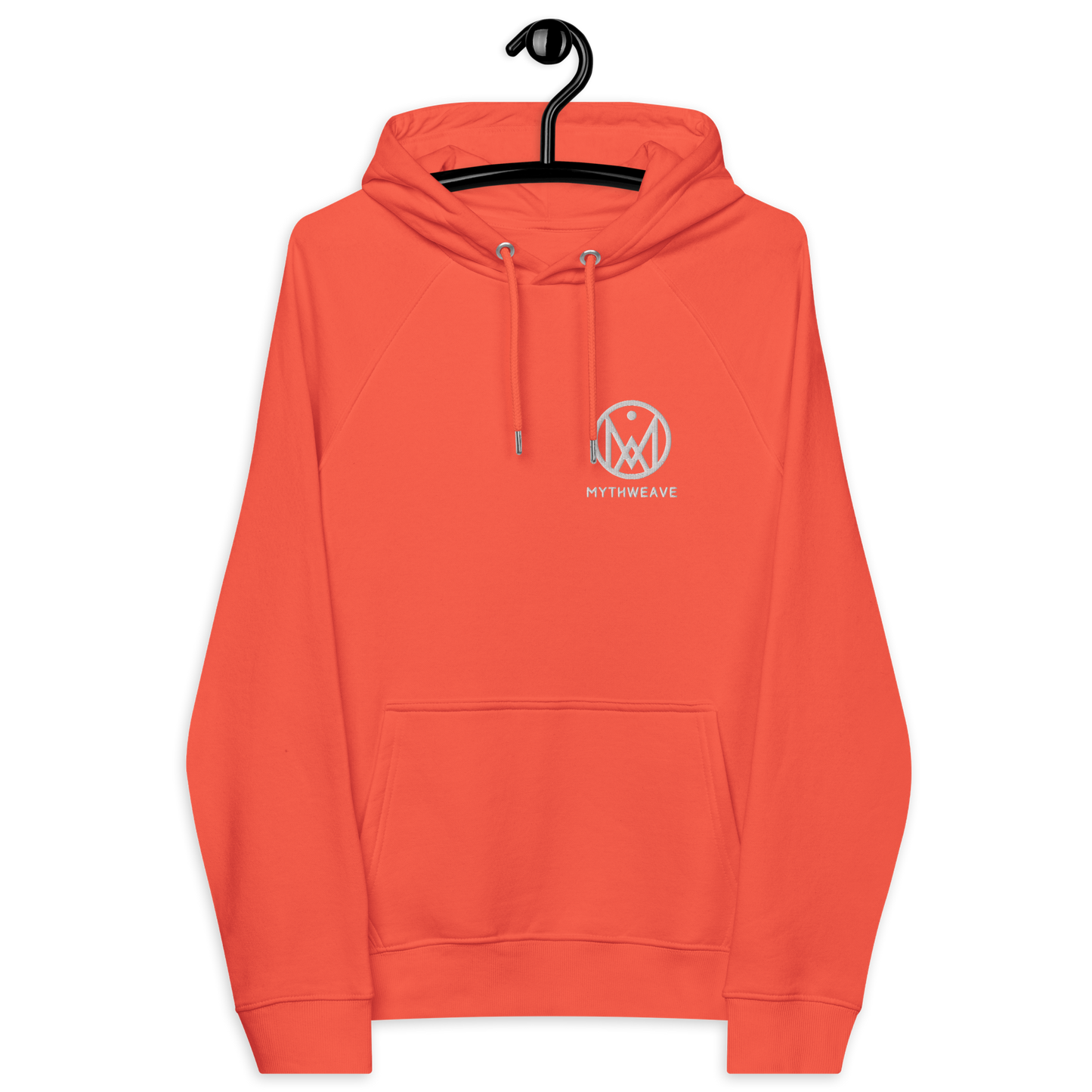 Sweat unisexe en coton bio couleur orange avec logo brodé MythWeave à plat de face