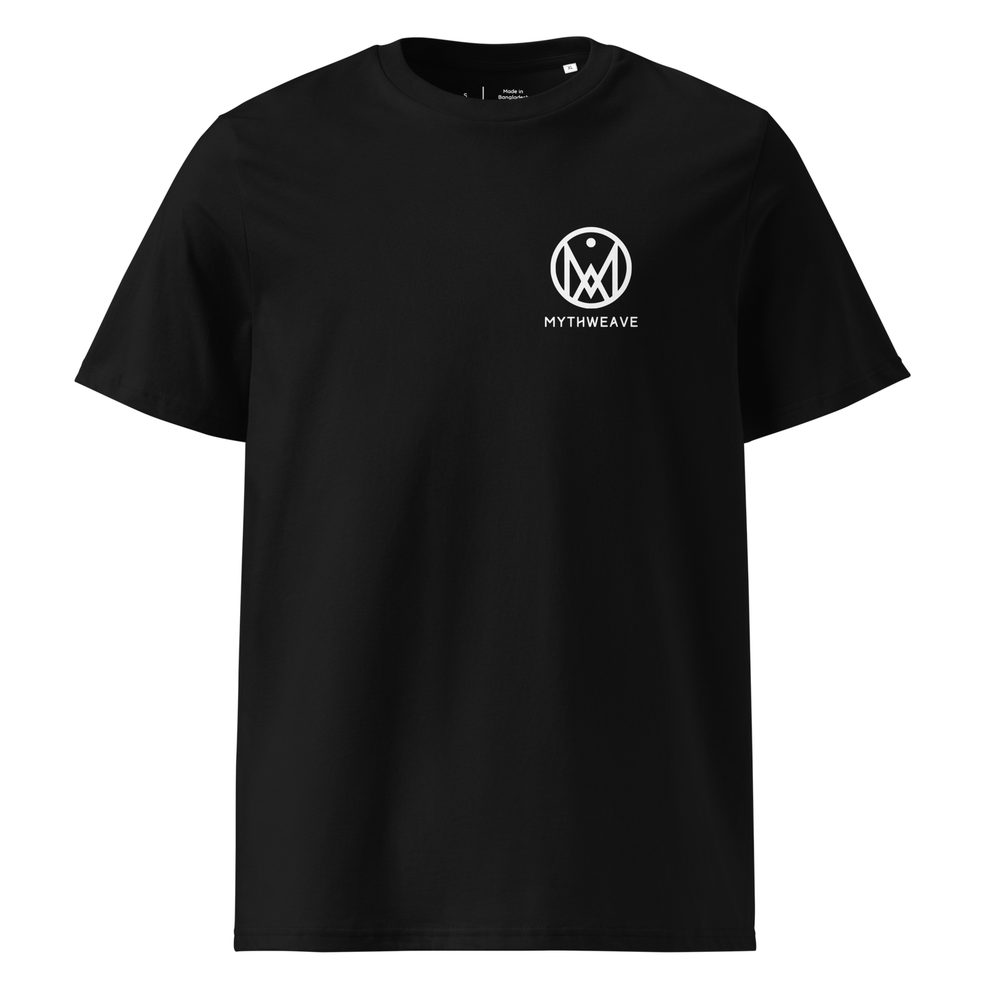 T-shirt unisexe en coton bio couleur noir avec logo MythWeave, à plat de face