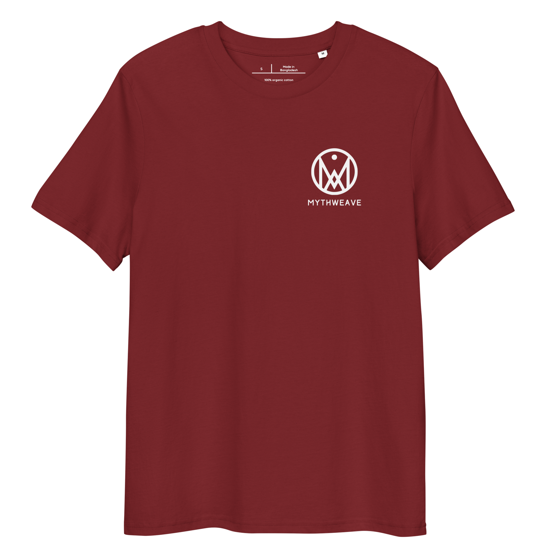 T-shirt femme en coton bio couleur rouge avec logo MythWeave, à plat de face