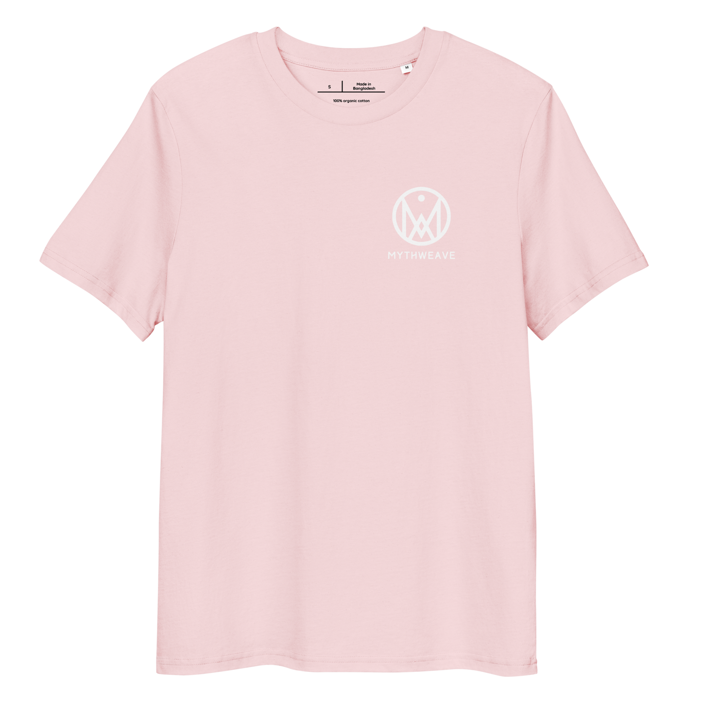 T-shirt femme en coton bio couleur rose avec logo MythWeave, à plat de face