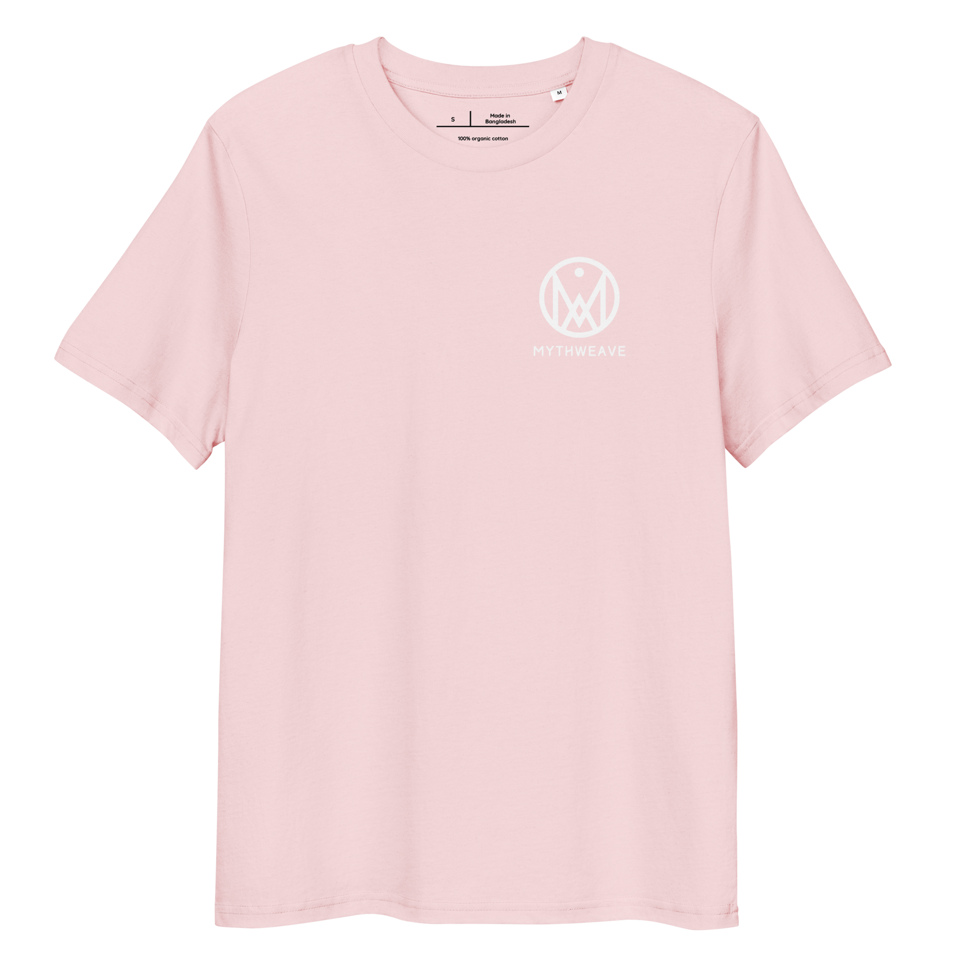 T-shirt femme en coton bio couleur rose avec logo MythWeave, à plat de face