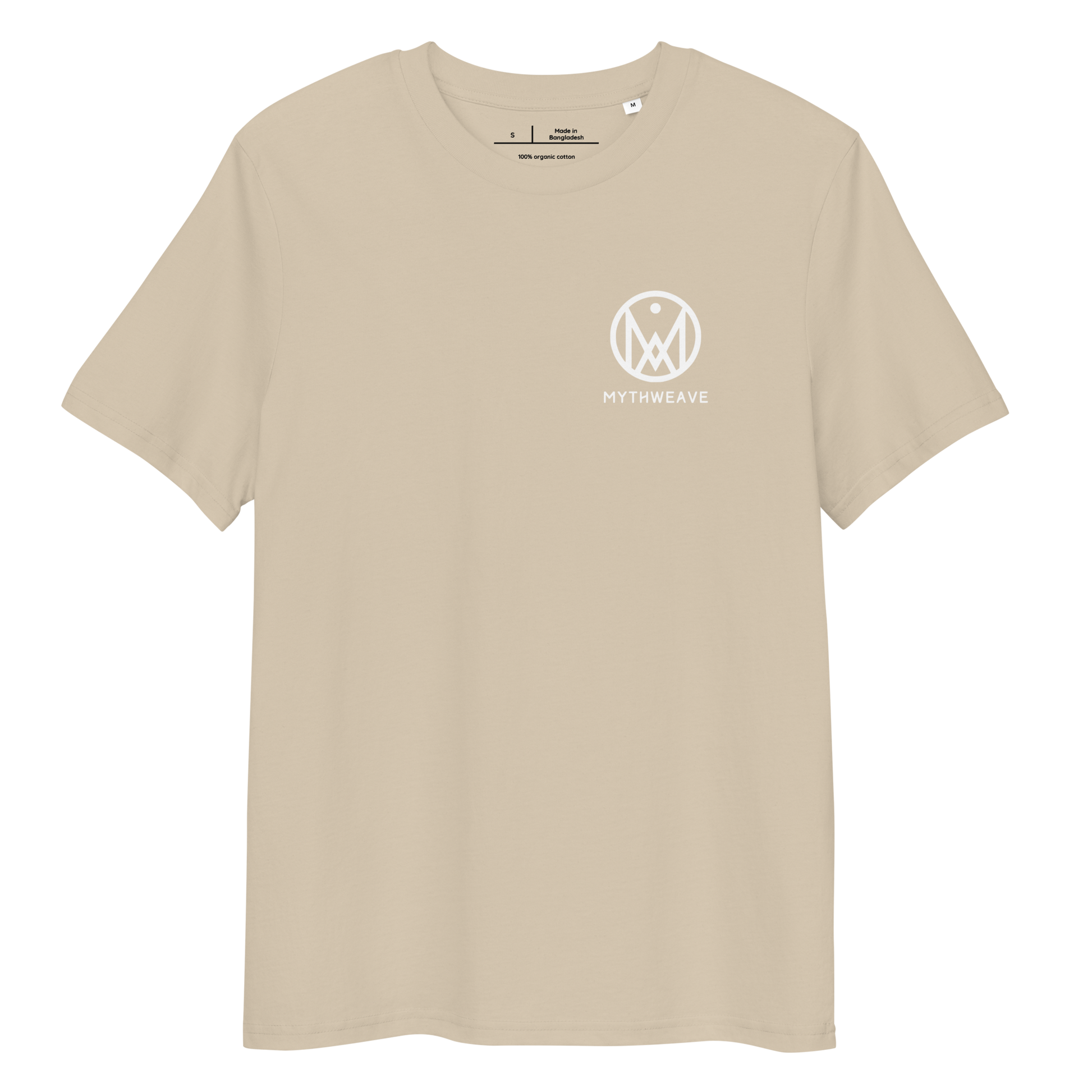 T-shirt femme en coton bio couleur beige avec logo MythWeave, à plat de face