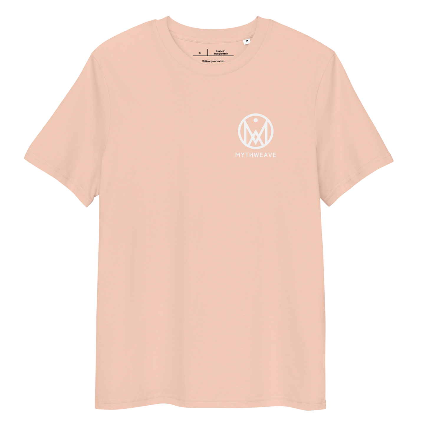 T-shirt femme en coton bio couleur pêche avec logo MythWeave, à plat de face