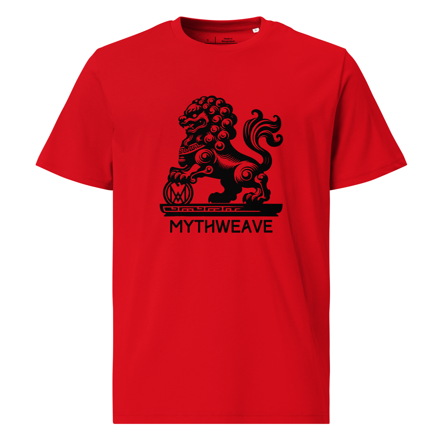 T-shirt homme en coton bio couleur rouge avec Gardien Chien-Lion mythologie chinoise MythWeave à plat de face