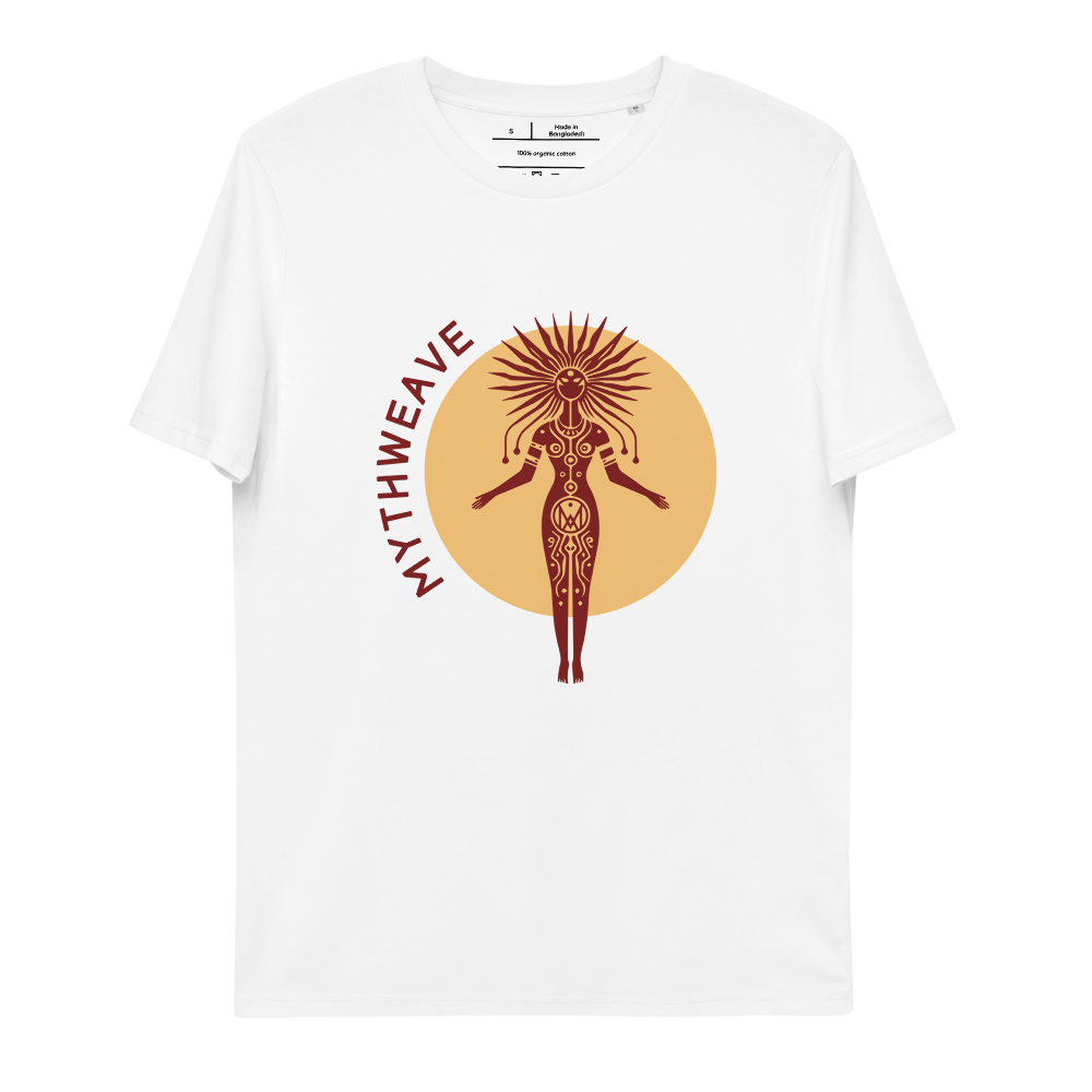 T-shirt unisexe en coton bio couleur blanc avec déesse du soleil MythWeave à plat de face