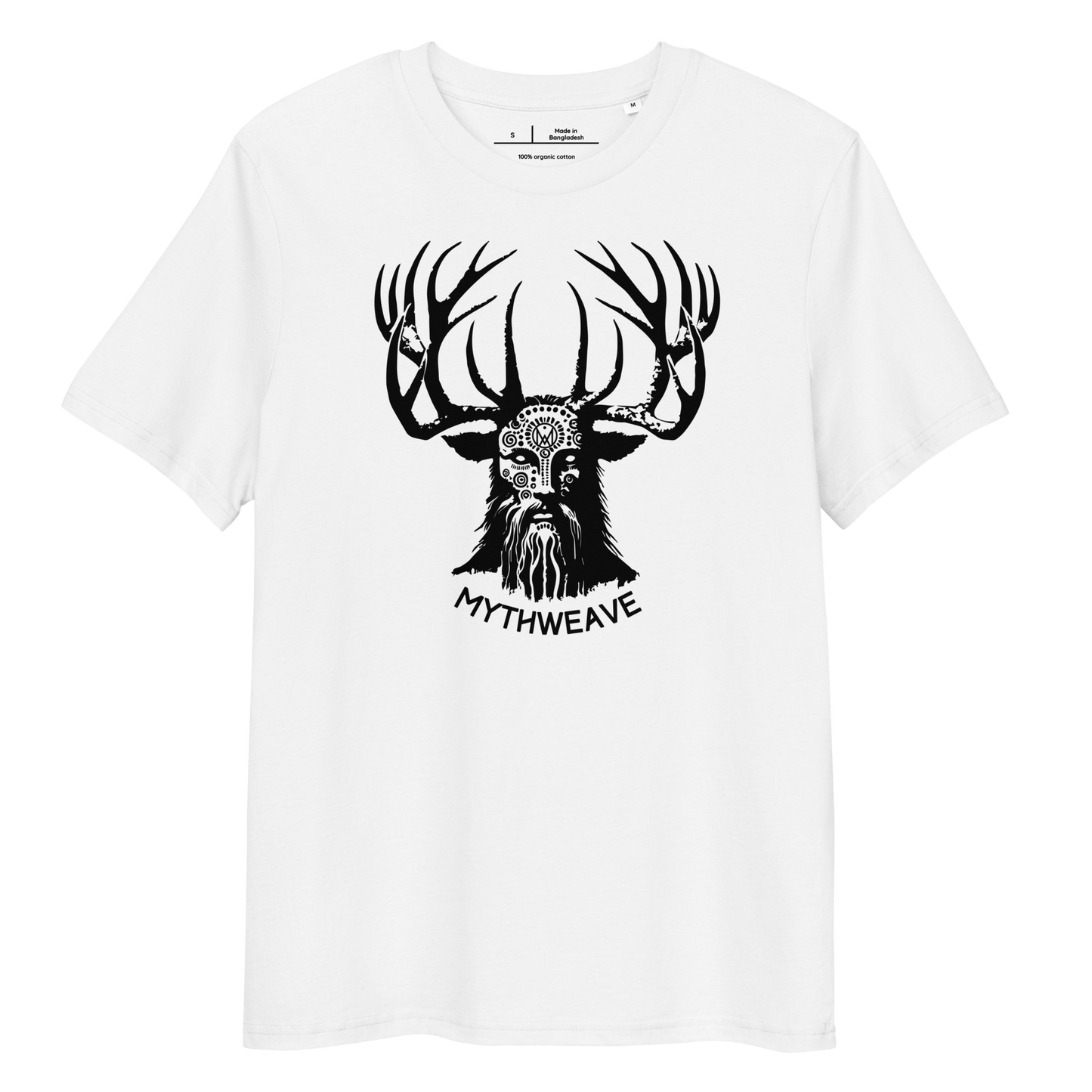 T-shirt unisexe en coton bio couleur blanc avec Dieu Cornu Cernunnos et logo MythWeave à plat de face