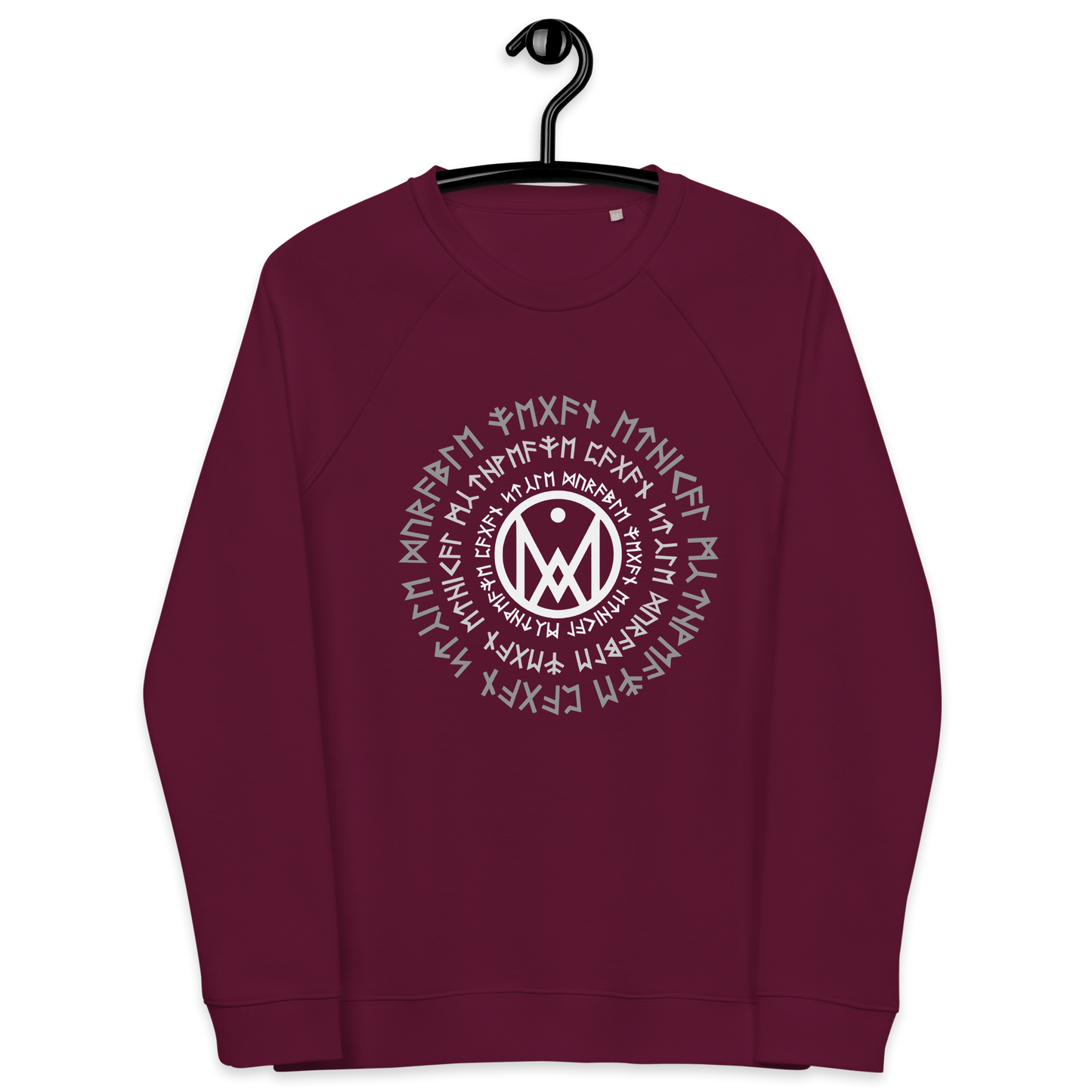 Sweatshirt homme en coton bio couleur bordeaux avec cercle runique MythWeave à plat de face
