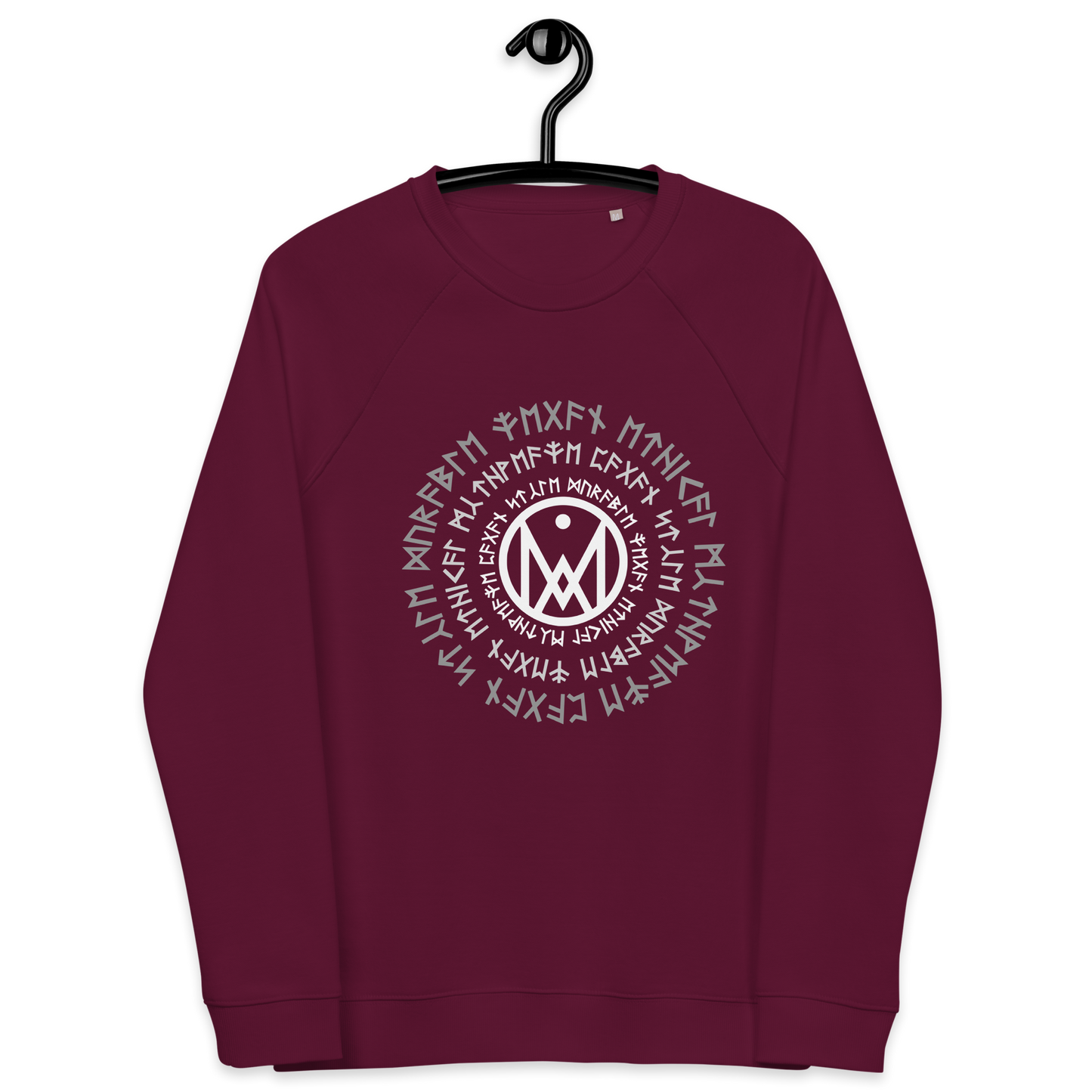 Sweatshirt femme en coton bio couleur bordeaux avec cercle runique MythWeave à plat de face