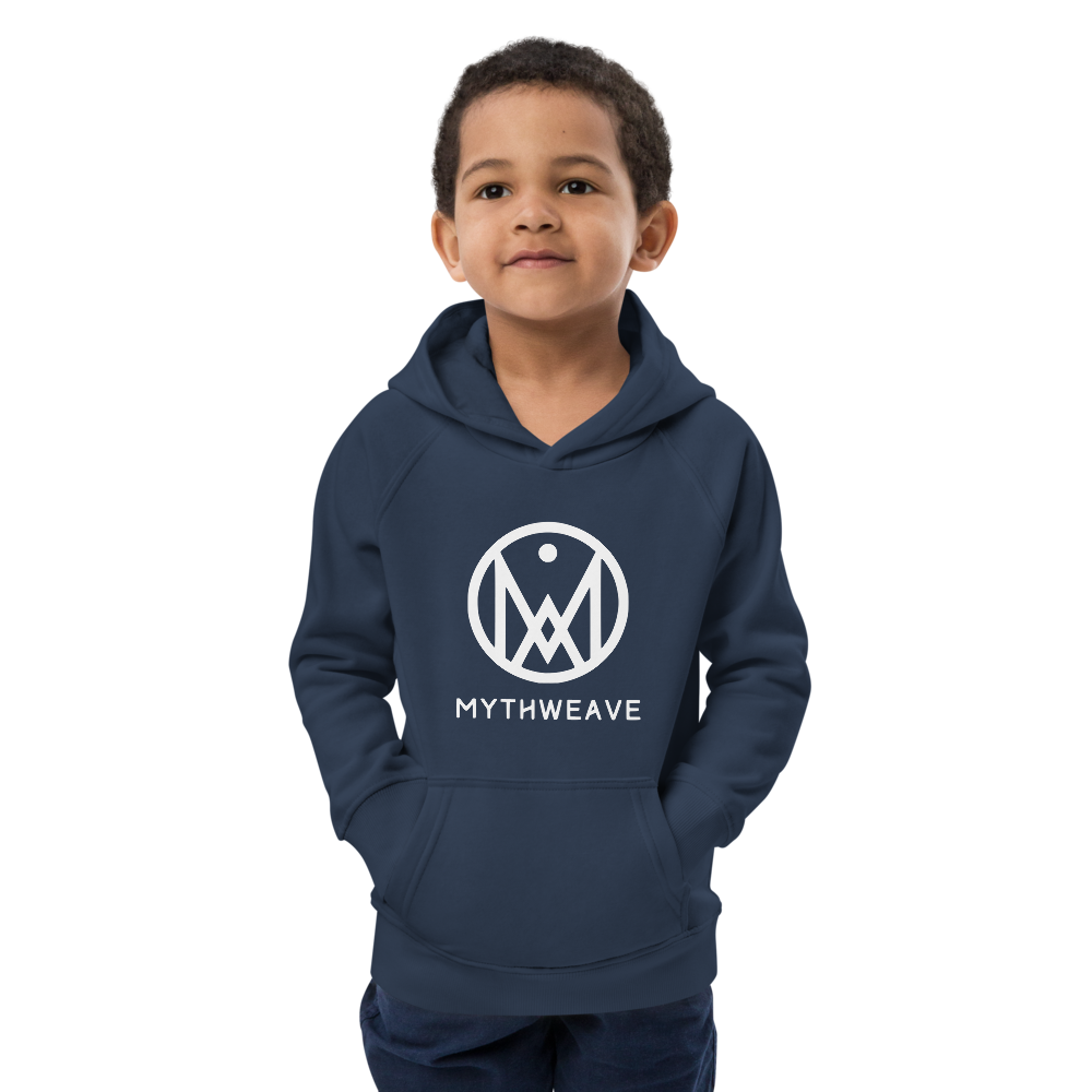 Sweat enfant en coton bio couleur bleu avec logo MythWeave porté par un enfant de face