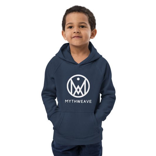 Sweat enfant en coton bio couleur bleu avec logo MythWeave porté par un enfant de face