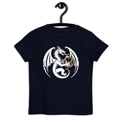 T-shirt enfant en coton bio couleur bleu foncé à plat de face, avec dragon tenant entre ses pattes le logo MythWeave 