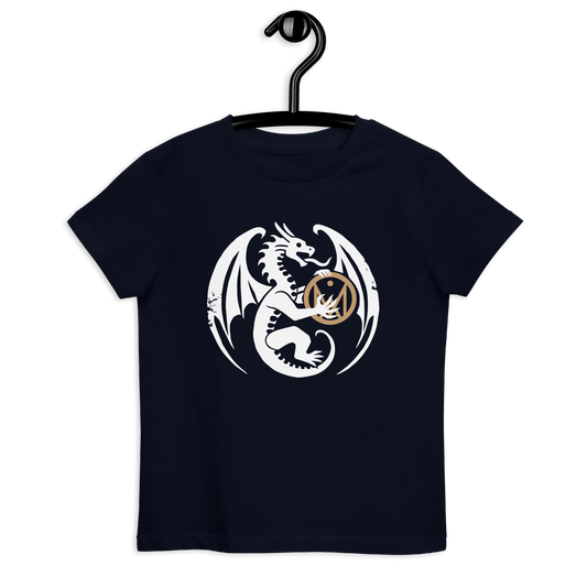 T-shirt enfant en coton bio couleur bleu foncé à plat de face, avec dragon tenant entre ses pattes le logo MythWeave 