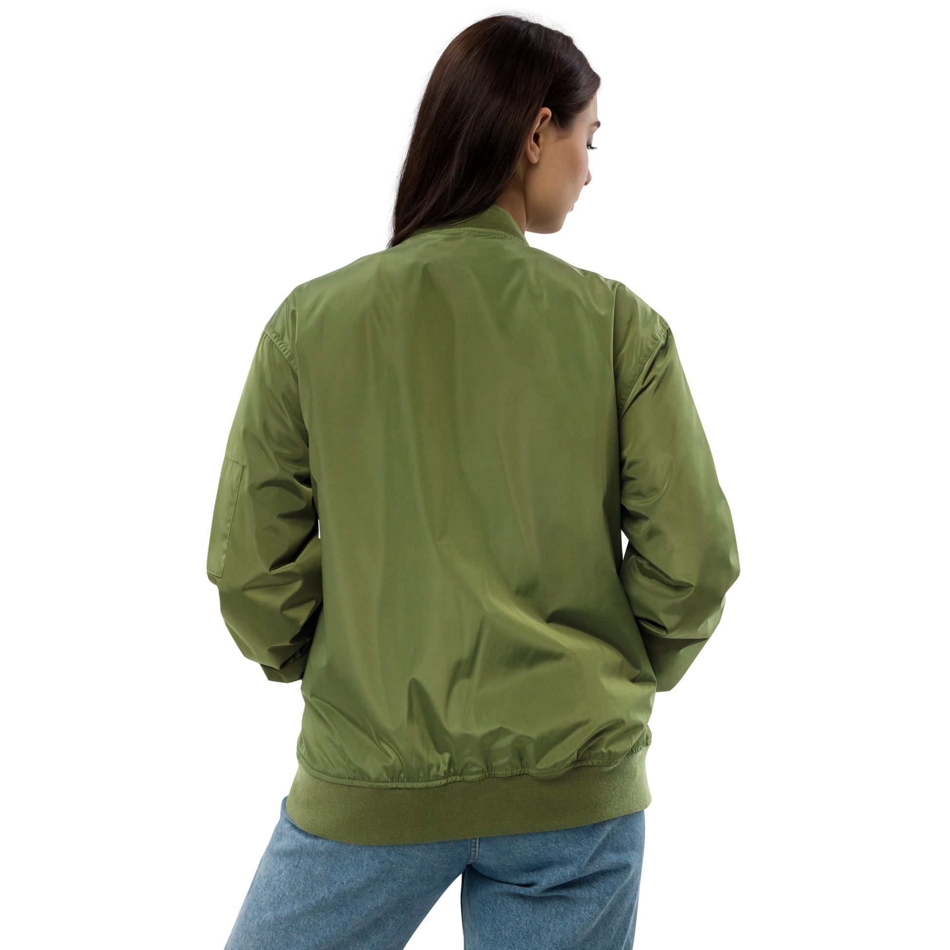 Veste bombers femme en polyester recyclé couleur vert avec logo brodé MythWeave porté par un mannequin de dos