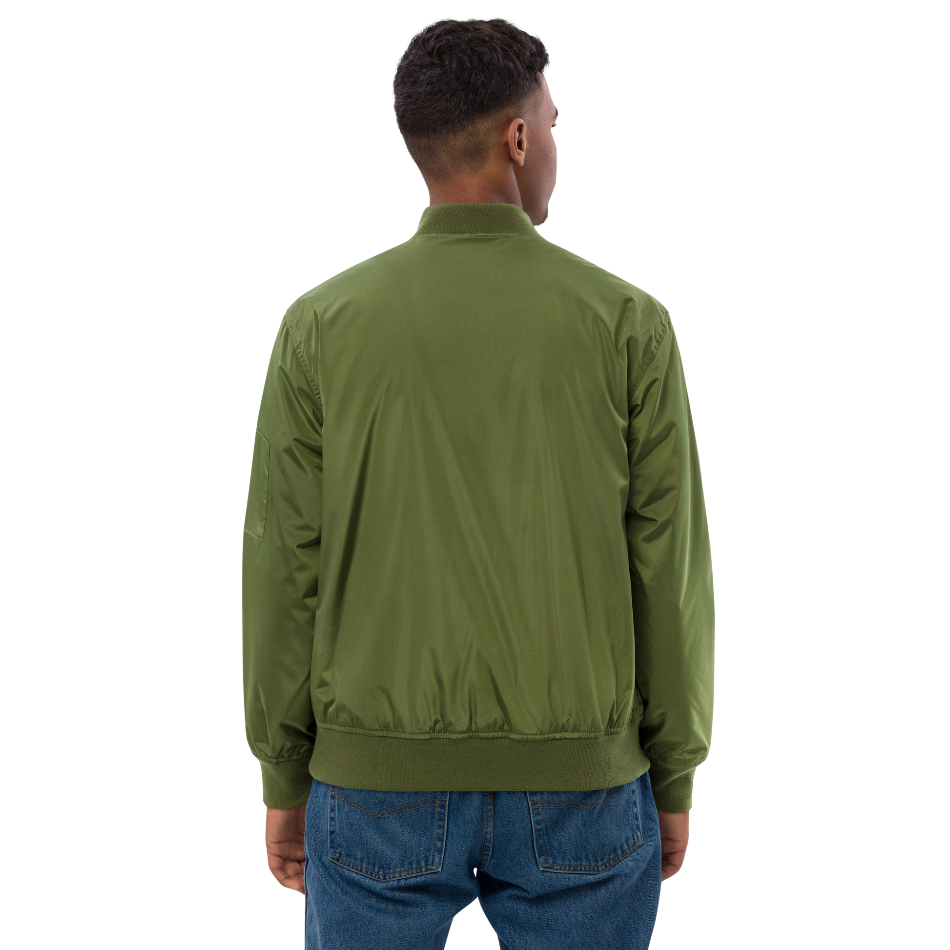 Veste bombers homme en polyester recyclé couleur vert avec logo brodé MythWeave porté par un mannequin de dos