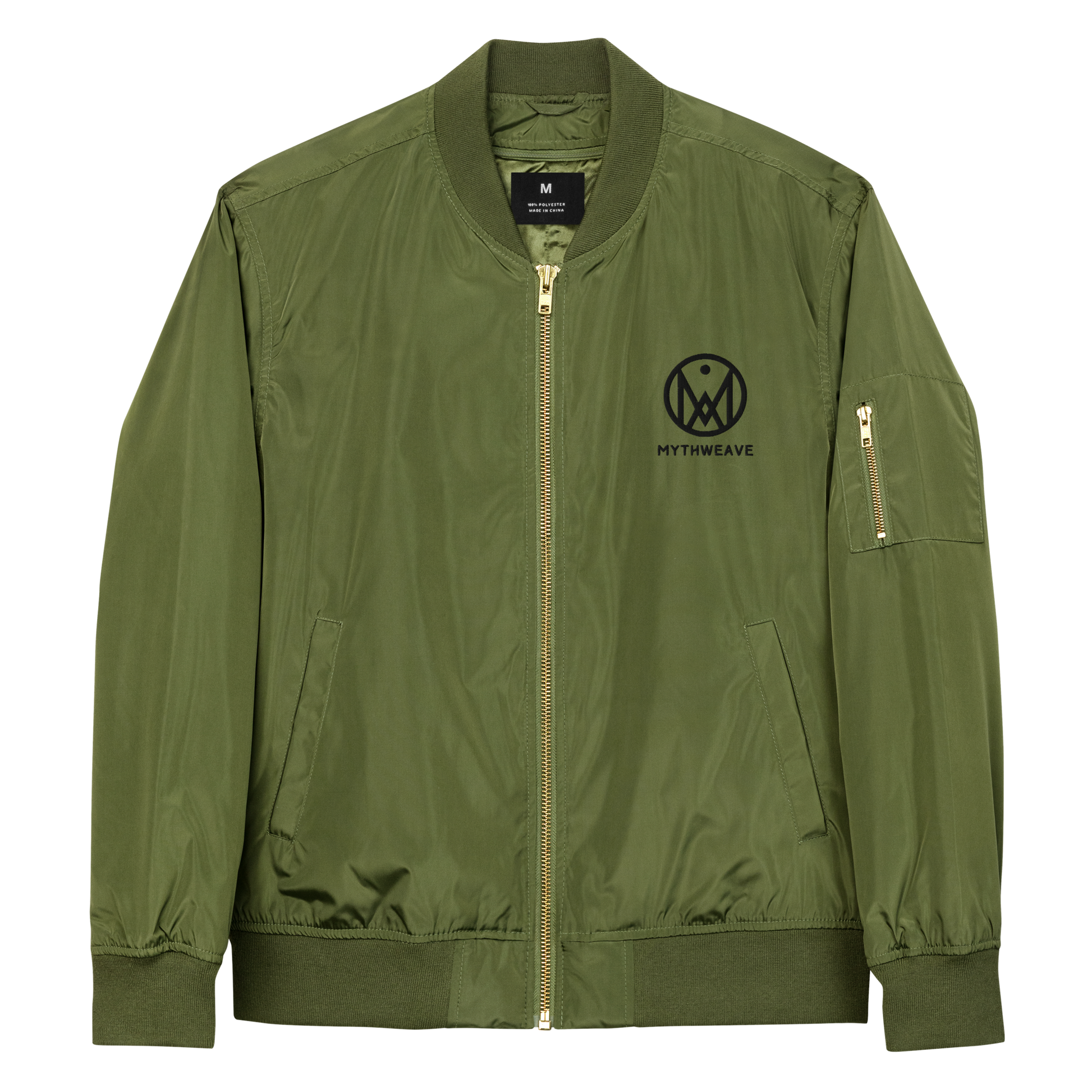 Veste bombers femme en polyester recyclé couleur vert avec logo brodé MythWeave de face à plat