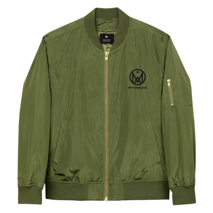 Veste bombers femme en polyester recyclé couleur vert avec logo brodé MythWeave de face à plat