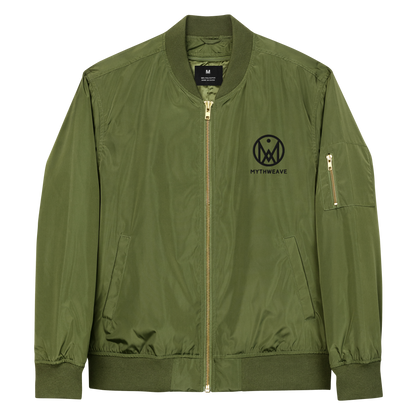 Veste bombers homme en polyester recyclé couleur vert avec logo brodé MythWeave de face à plat