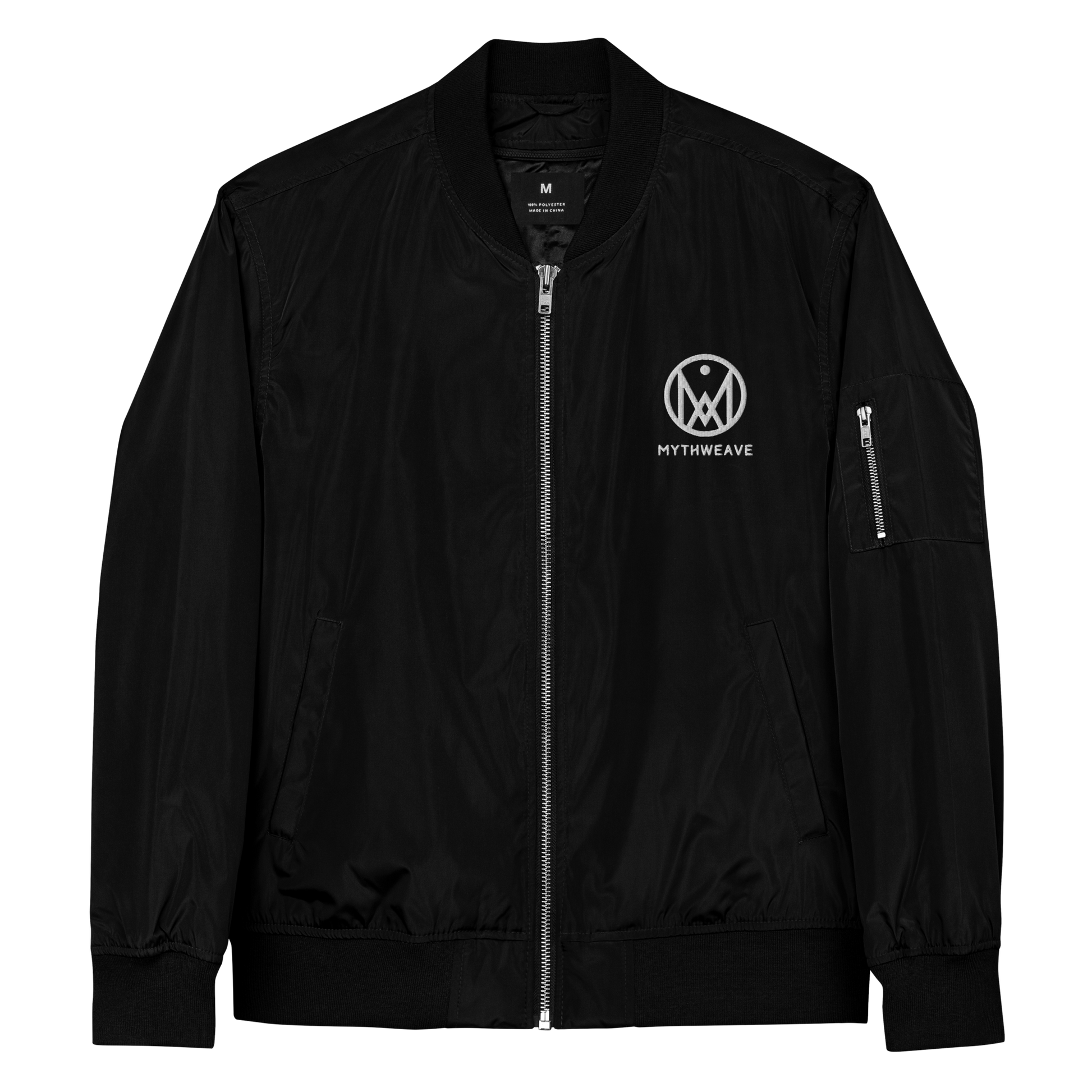 Veste bombers homme en polyester recyclé couleur noir avec logo brodé MythWeave de face à plat