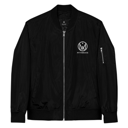 Veste bombers homme en polyester recyclé couleur noir avec logo brodé MythWeave de face à plat