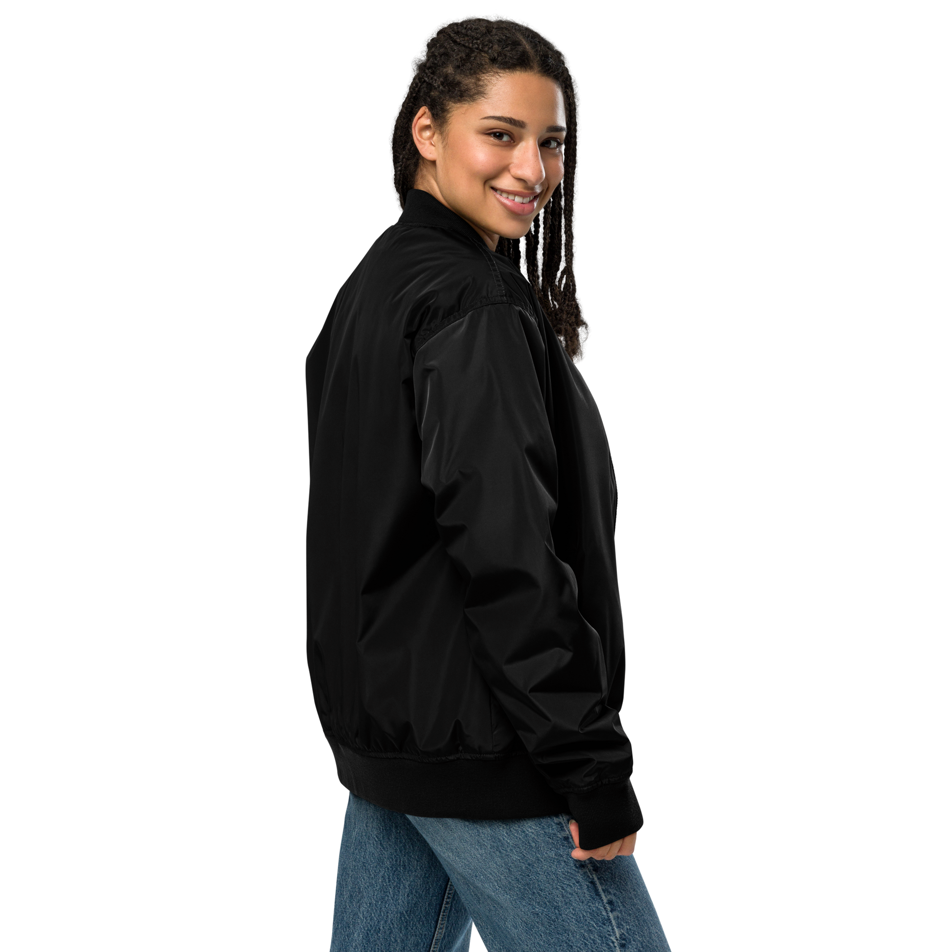 Veste bombers femme en polyester recyclé couleur noir avec logo brodé MythWeave porté par un mannequin de profil