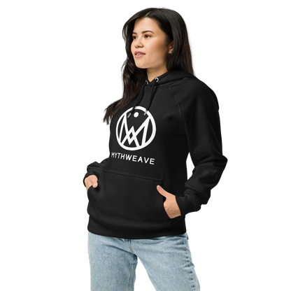 Sweat femme en coton bio couleur noir avec logo MythWeave porté par un mannequin de profil