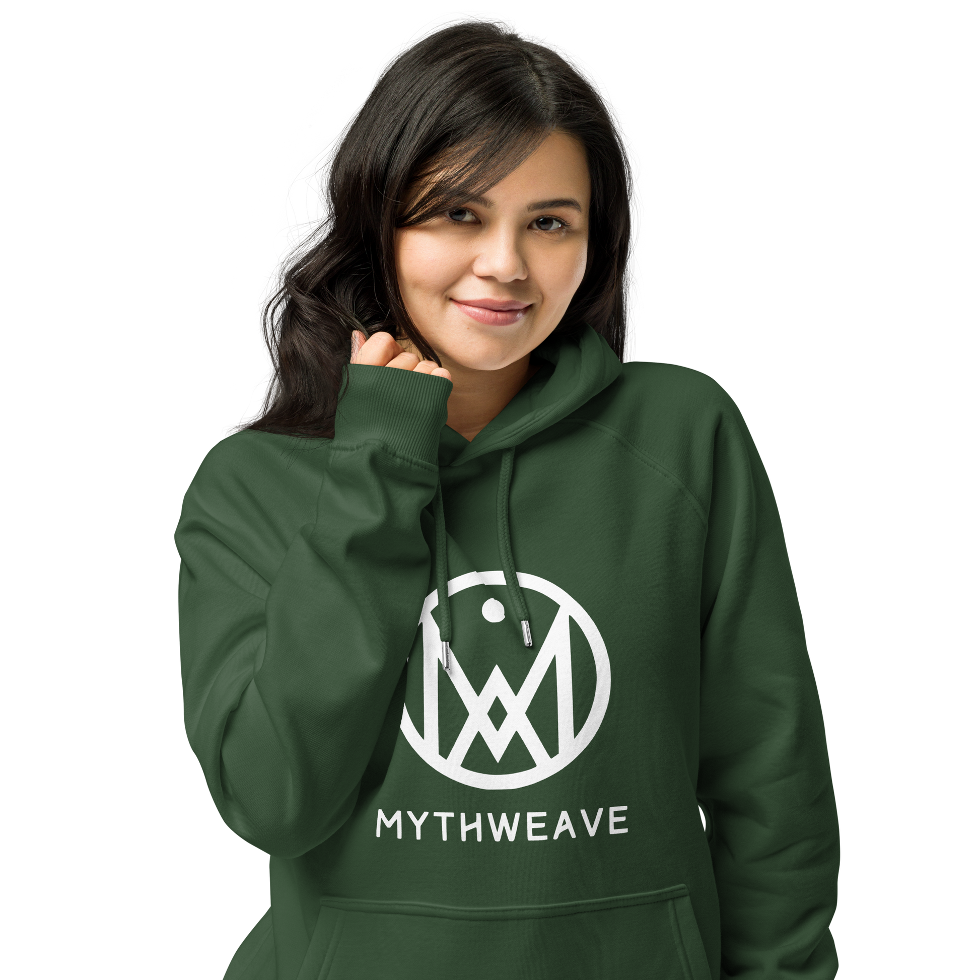 Sweat femme en coton bio couleur vert avec logo MythWeave porté par un mannequin de face