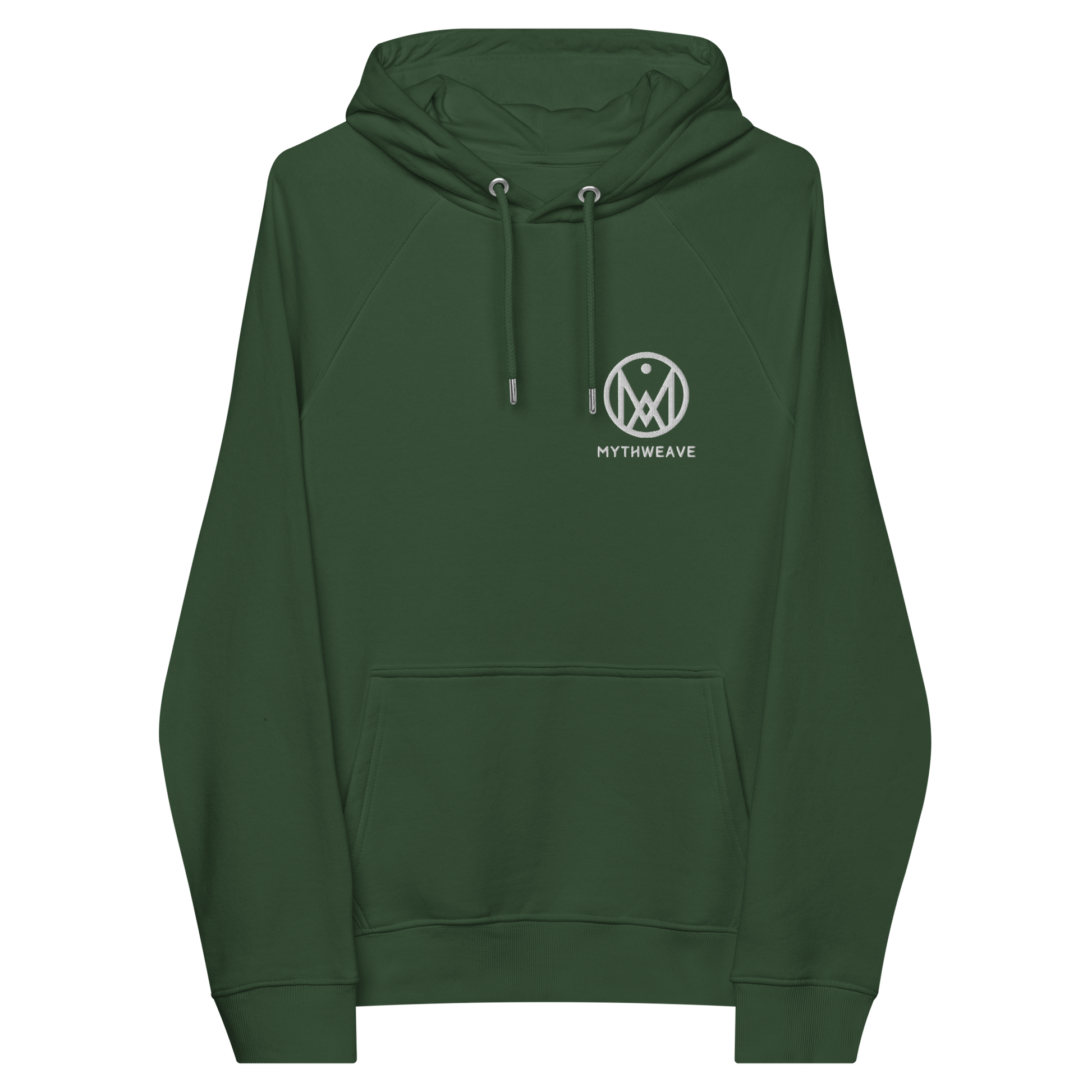 Sweat homme en coton bio couleur vert avec logo brodé MythWeave à plat de face