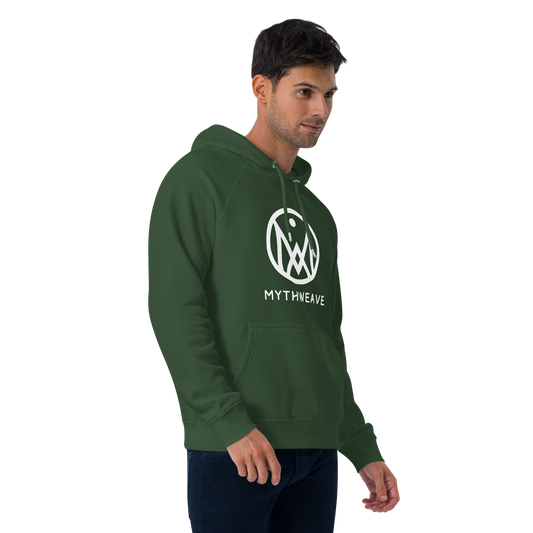 Sweat homme en coton bio couleur vert avec logo MythWeave porté par un mannequin de profil