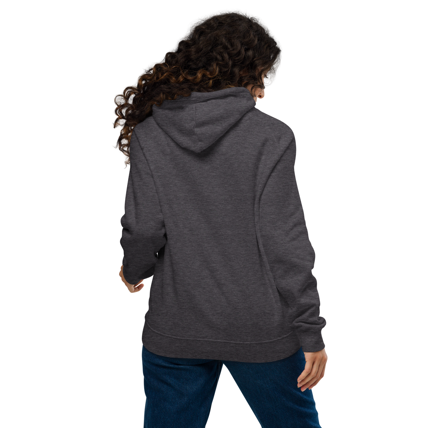 Sweat femme en coton bio couleur gris avec logo brodé MythWeave porté par un mannequin de dos