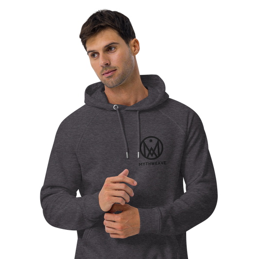 Sweat homme en coton bio couleur gris avec logo brodé MythWeave porté par un mannequin de face