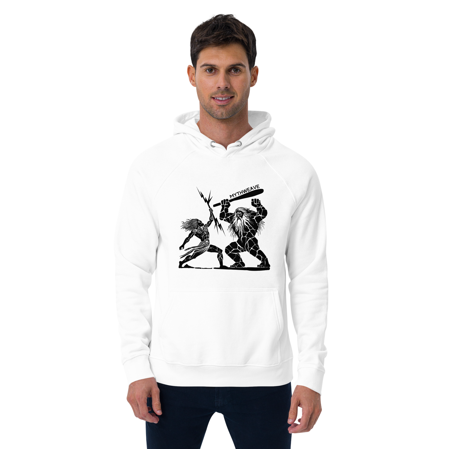 Sweat homme en coton bio couleur blanc avec zeus face au titan MythWeave porté par un mannequin de face