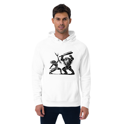 Sweat homme en coton bio couleur blanc avec zeus face au titan MythWeave porté par un mannequin de face