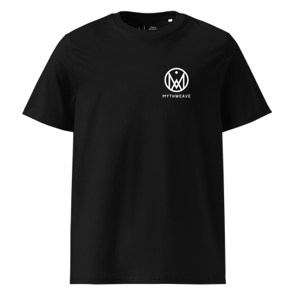  T-shirt unisexe en coton bio couleur noir avec logo MythWeave, à plat de face