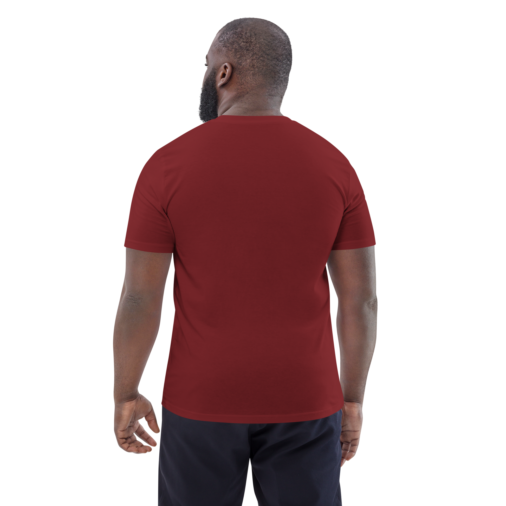 T-shirt homme en coton bio couleur rouge avec logo MythWeave porté par un mannequin de dos.