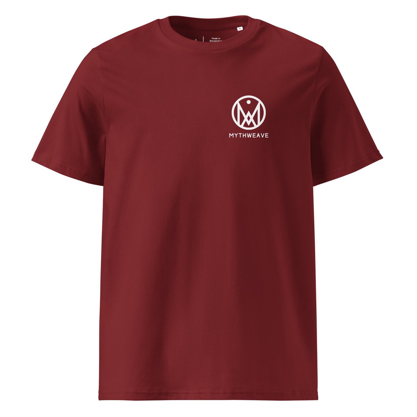 T-shirt homme en coton bio couleur rouge avec logo MythWeave, à plat de face