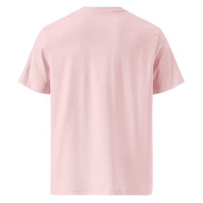 T-shirt unisexe en coton bio couleur rose avec logo MythWeave, à plat de dos