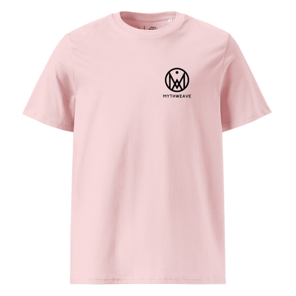 T-shirt unisexe en coton bio couleur rose avec logo MythWeave, à plat de face