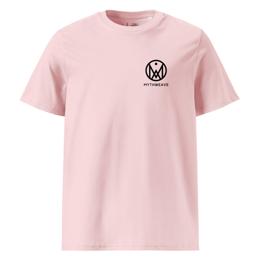 T-shirt unisexe en coton bio couleur rose avec logo MythWeave, à plat de face