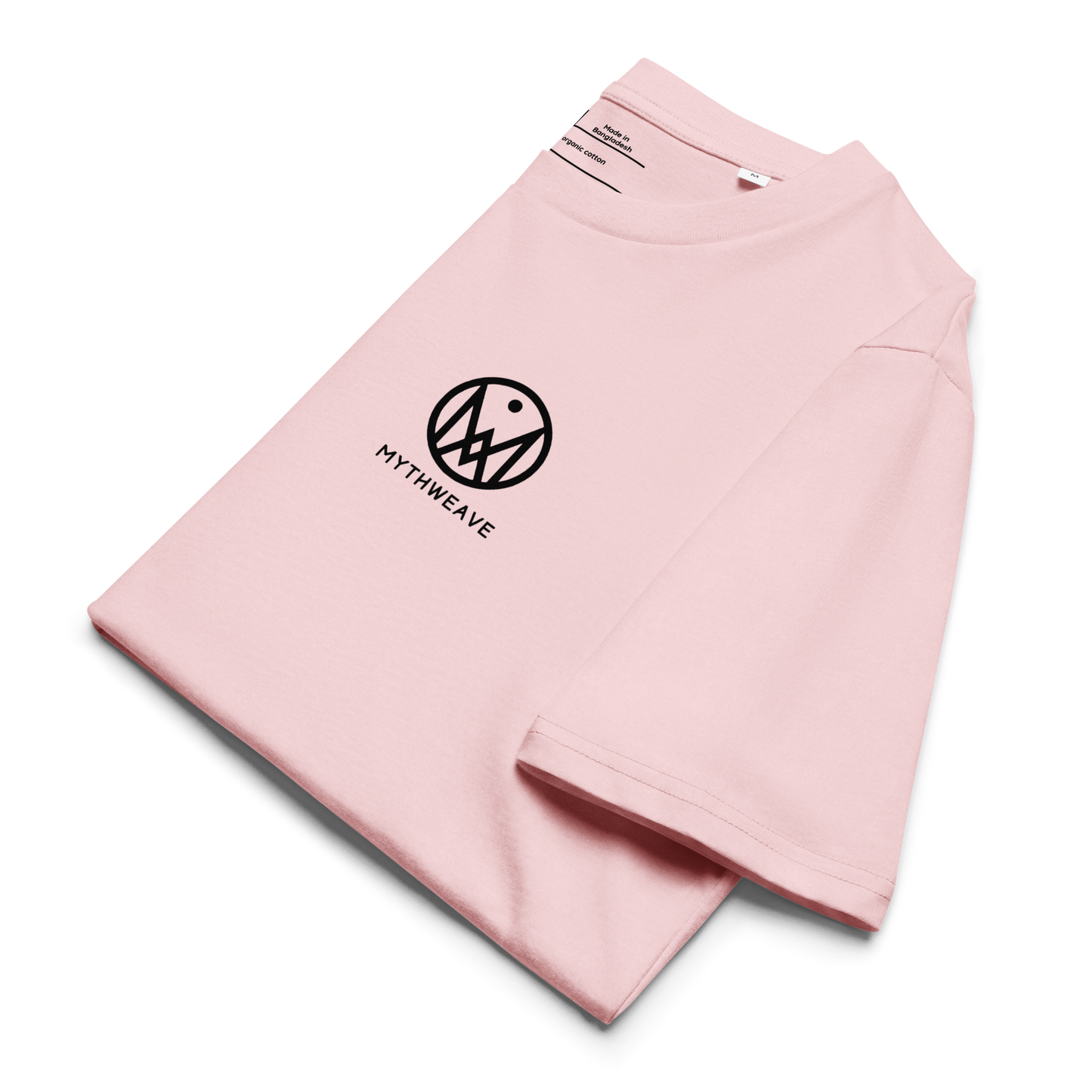 T-shirt unisexe en coton bio couleur rose avec logo MythWeave, plié