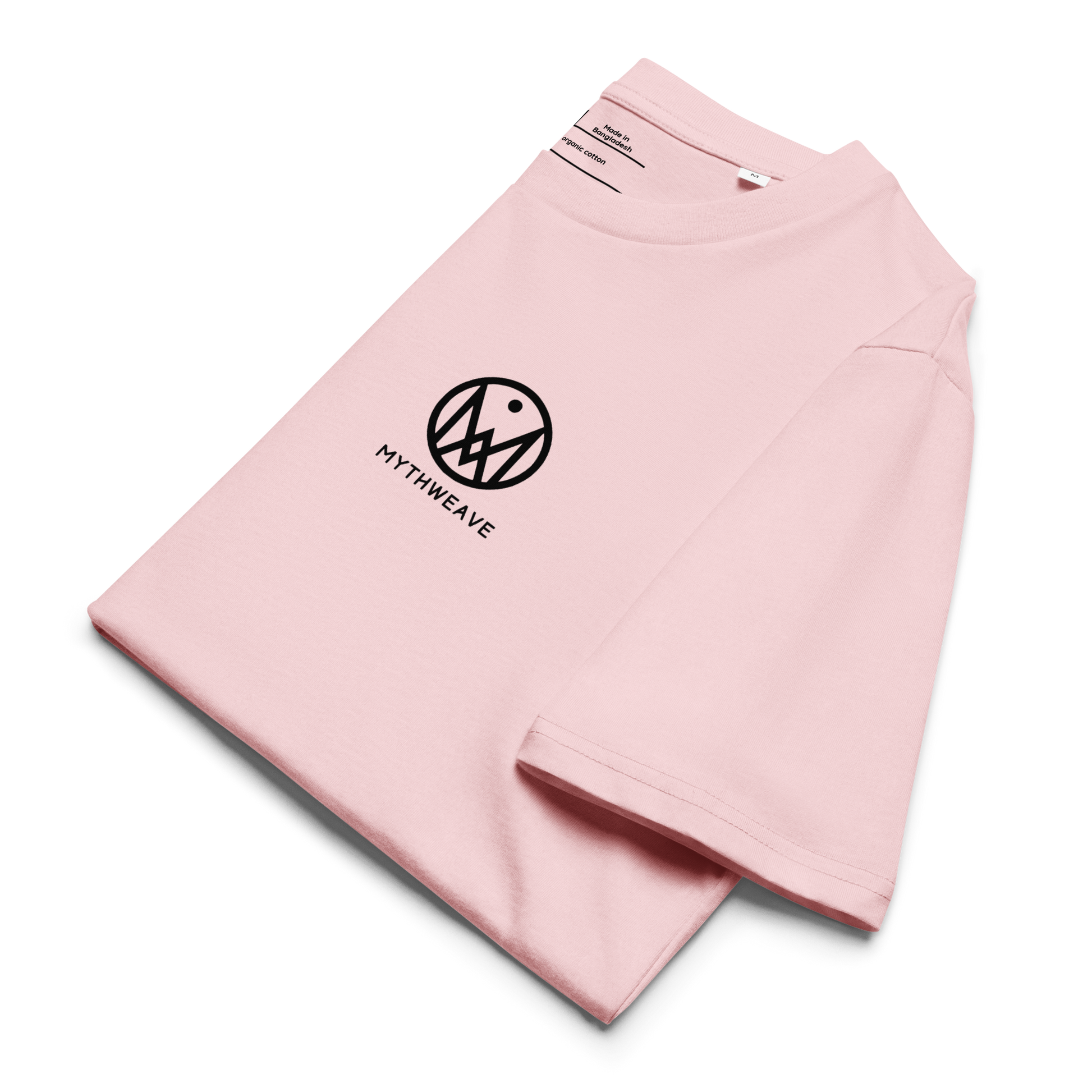 T-shirt unisexe en coton bio couleur rose avec logo MythWeave, plié