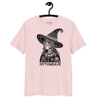 T-shirt unisexe en coton bio couleur rose avec sorcière wicca rêveuse et logo MythWeave à plat de face