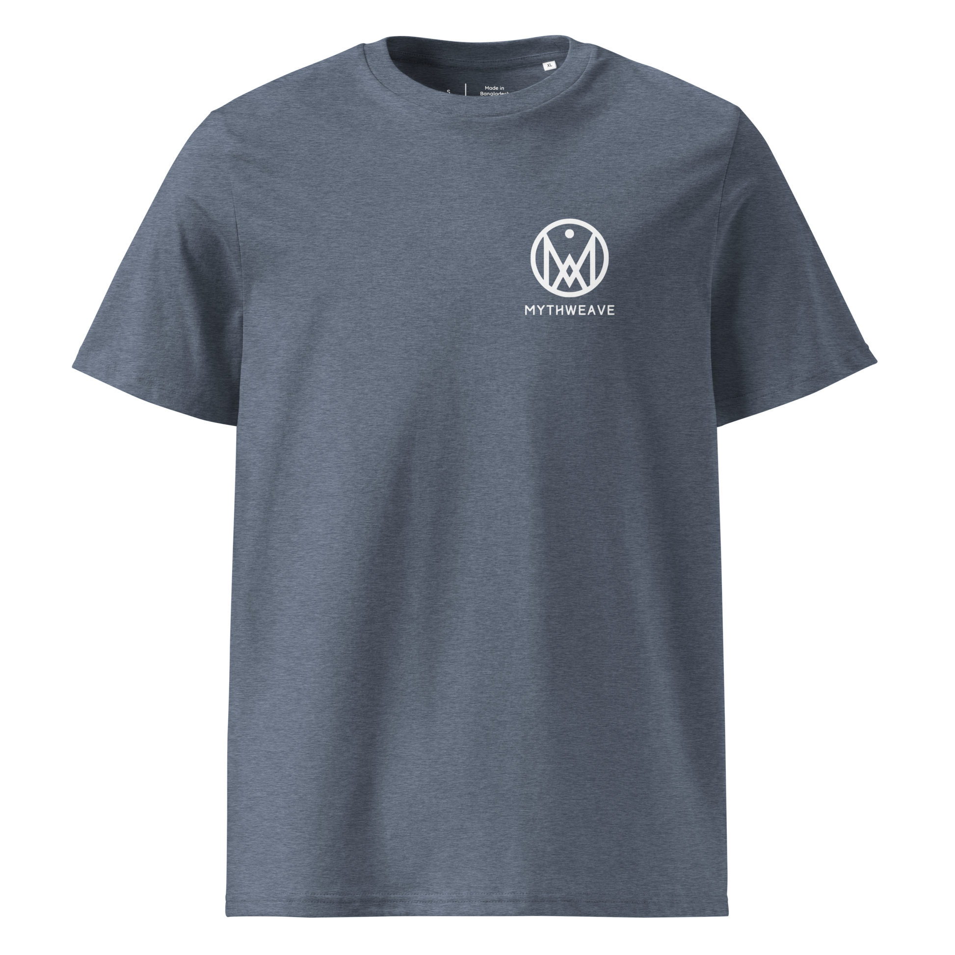 T-shirt homme en coton bio couleur gris-bleu avec logo MythWeave, à plat de face