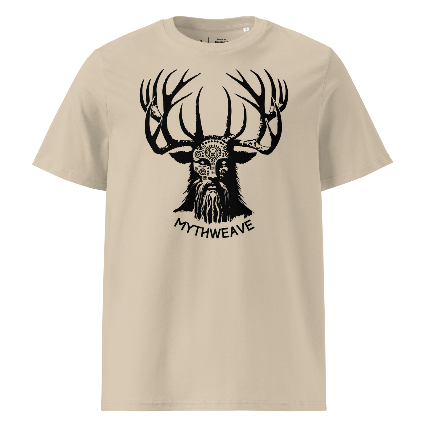 T-shirt homme en coton bio couleur beige avec Dieu Cornu Cernunnos et logo MythWeave à plat de face