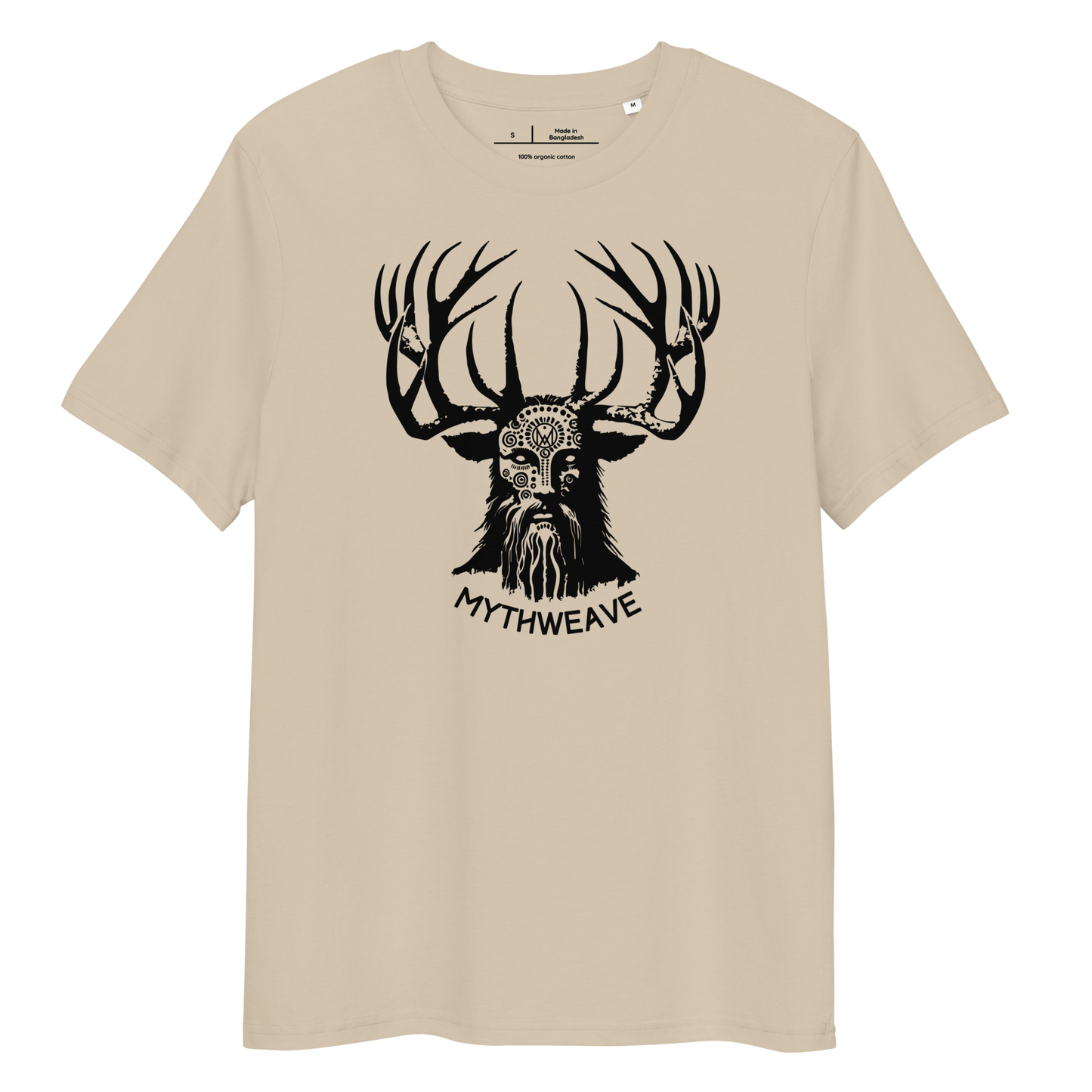 T-shirt unisexe en coton bio couleur beige avec Dieu Cornu Cernunnos et logo MythWeave à plat de face