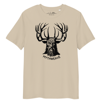 T-shirt unisexe en coton bio couleur beige avec Dieu Cornu Cernunnos et logo MythWeave à plat de face