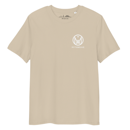  T-shirt femme en coton bio couleur beige avec logo MythWeave, à plat de face