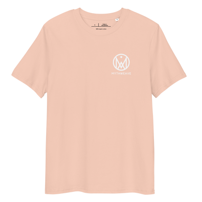  T-shirt femme en coton bio couleur pêche avec logo MythWeave, à plat de face